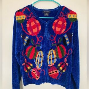 Vintage Eagle’s Eye Royal Blue Christmas Ornament Zip Up Sweater Cardigan M